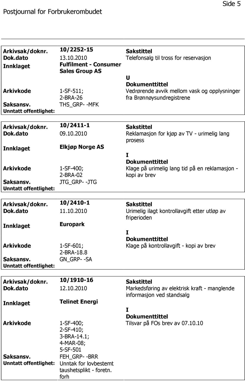 2010 Telefonsalg til tross for reservasjon nnklaget Fulfilment - Consumer Sales Group AS 2-BRA-26 Vedrørende avvik mellom vask og opplysninger fra Brønnøysundregistrene THS_GRP- -MFK Arkivsak/doknr.