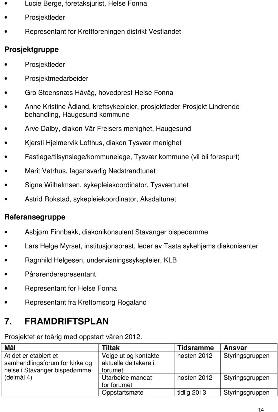 Tysvær menighet Fastlege/tilsynslege/kommunelege, Tysvær kommune (vil bli forespurt) Marit Vetrhus, fagansvarlig Nedstrandtunet Signe Wilhelmsen, sykepleiekoordinator, Tysværtunet Astrid Rokstad,