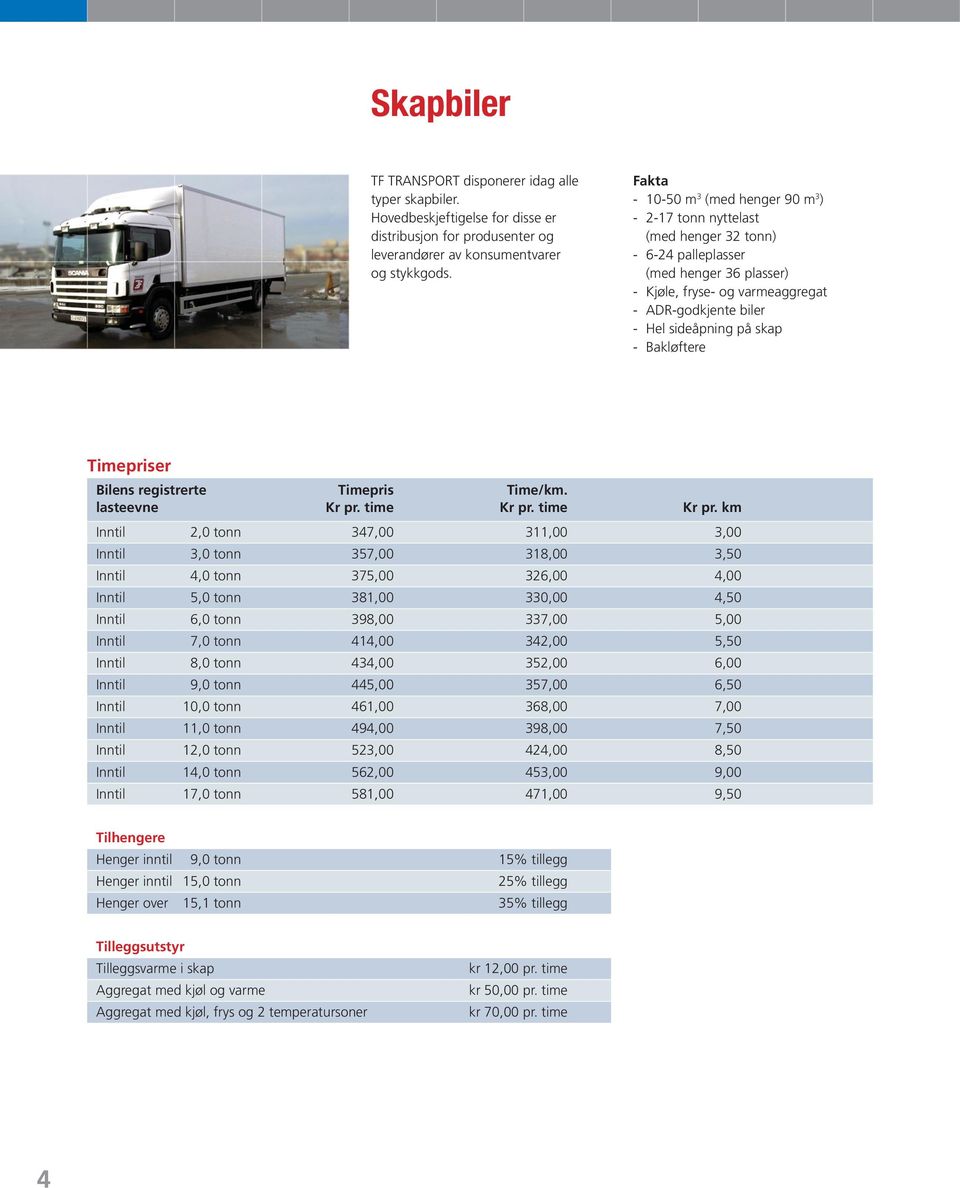 på skap - Bakløftere Timepriser Bilens registrerte Timepris Time/km. lasteevne Kr pr. time Kr pr.