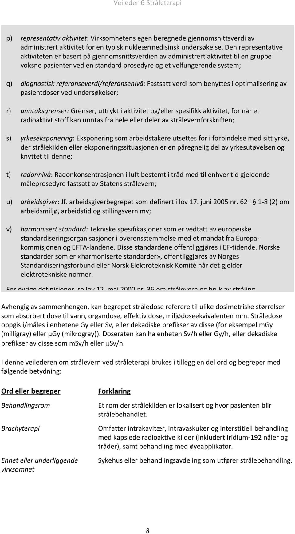 referanseverdi/referansenivå: Fastsatt verdi som benyttes i optimalisering av pasientdoser ved undersøkelser; r) unntaksgrenser: Grenser, uttrykt i aktivitet og/eller spesifikk aktivitet, for når et