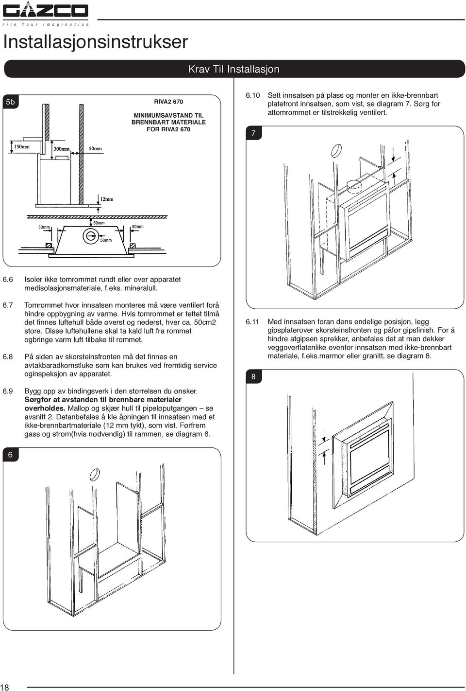 6 Isoler ikke tomrommet rundt eller over apparatet medisolasjonsmateriale, f.eks. mineralull. 6.7 Tomrommet hvor innsatsen monteres må være ventilert forå hindre oppbygning av varme.