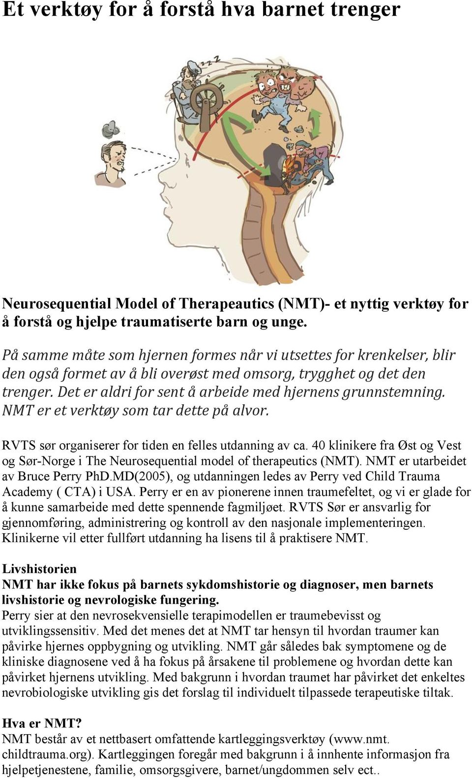 Det er aldri for sent å arbeide med hjernens grunnstemning. NMT er et verktøy som tar dette på alvor. RVTS sør organiserer for tiden en felles utdanning av ca.