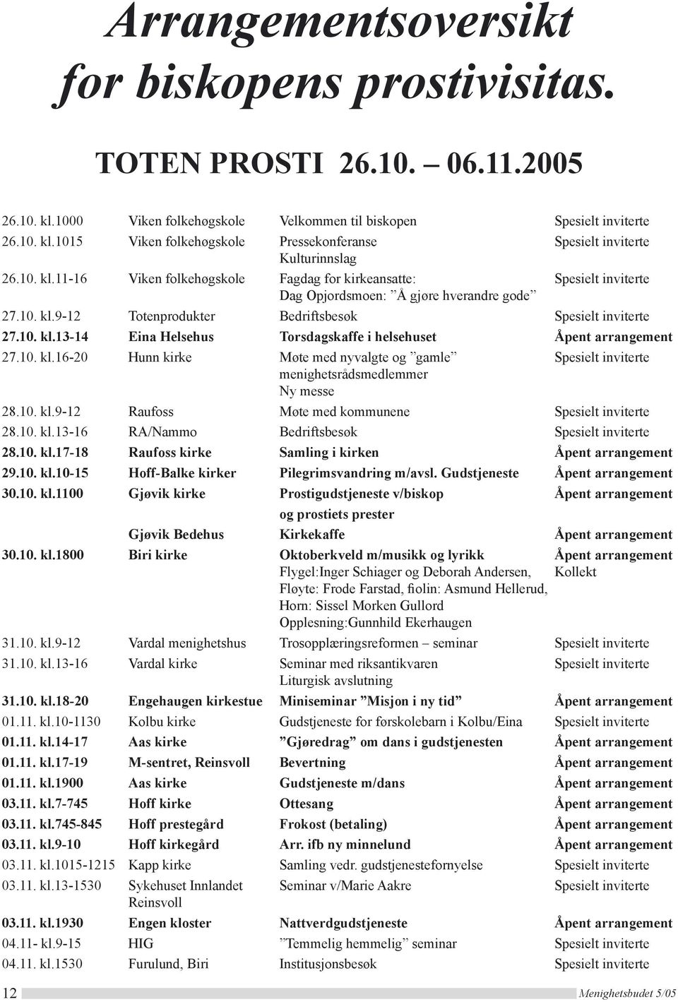 10. kl.16-20 Hunn kirke Møte med nyvalgte og gamle Spesielt inviterte menighetsrådsmedlemmer Ny messe 28.10. kl.9-12 Raufoss Møte med kommunene Spesielt inviterte 28.10. kl.13-16 RA/Nammo Bedriftsbesøk Spesielt inviterte 28.