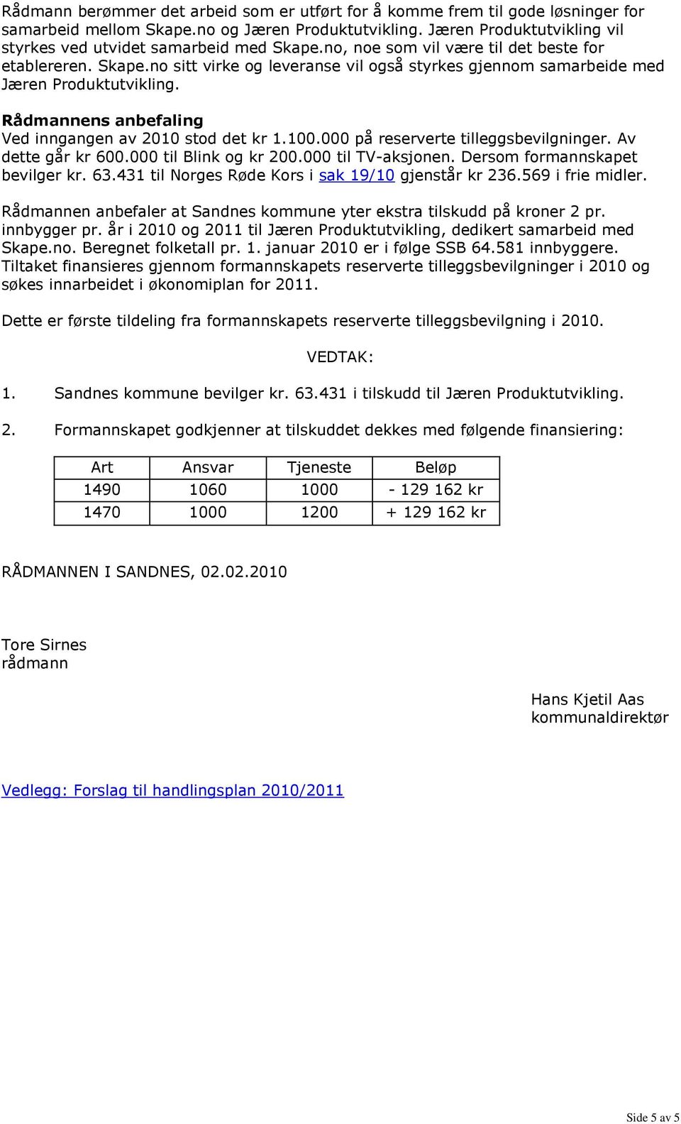 Rådmannens anbefaling Ved inngangen av 2010 stod det kr 1.100.000 på reserverte tilleggsbevilgninger. Av dette går kr 600.000 til Blink og kr 200.000 til TV-aksjonen. Dersom formannskapet bevilger kr.