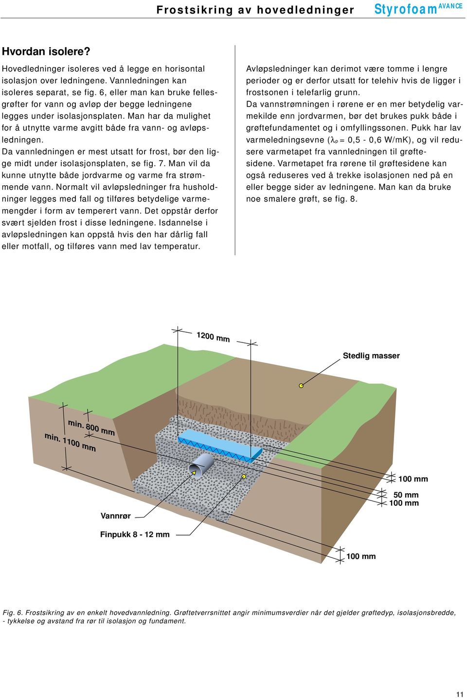 Da vannledningen er mest utsatt for frost, bør den ligge midt under isolasjonsplaten, se fig. 7. Man vil da kunne utnytte både jordvarme og varme fra strømmende vann.