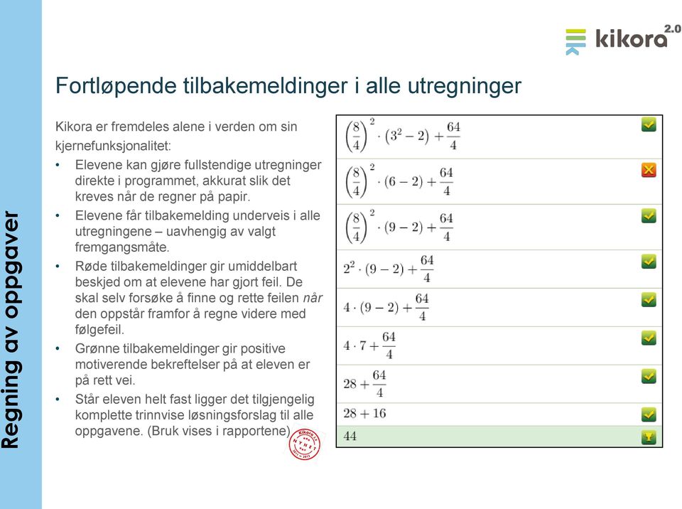 Røde tilbakemeldinger gir umiddelbart beskjed om at elevene har gjort feil. De skal selv forsøke å finne og rette feilen når den oppstår framfor å regne videre med følgefeil.