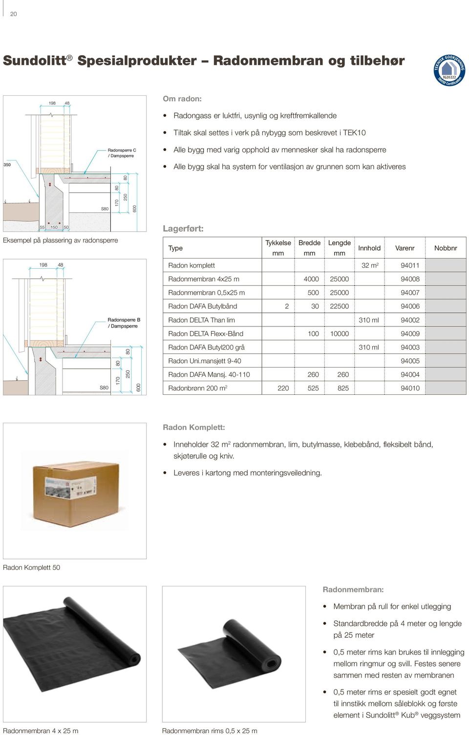 ventilasjon av grunnen som kan aktiveres MATJORD 55 XPS 300 150 Lagerført: 50 Eksempel på plassering av radonsperre 198 Sundolitt Såleblokk 48 Tykkelse Bredde Lengde Radon komplett 32 m2 Radonmembran