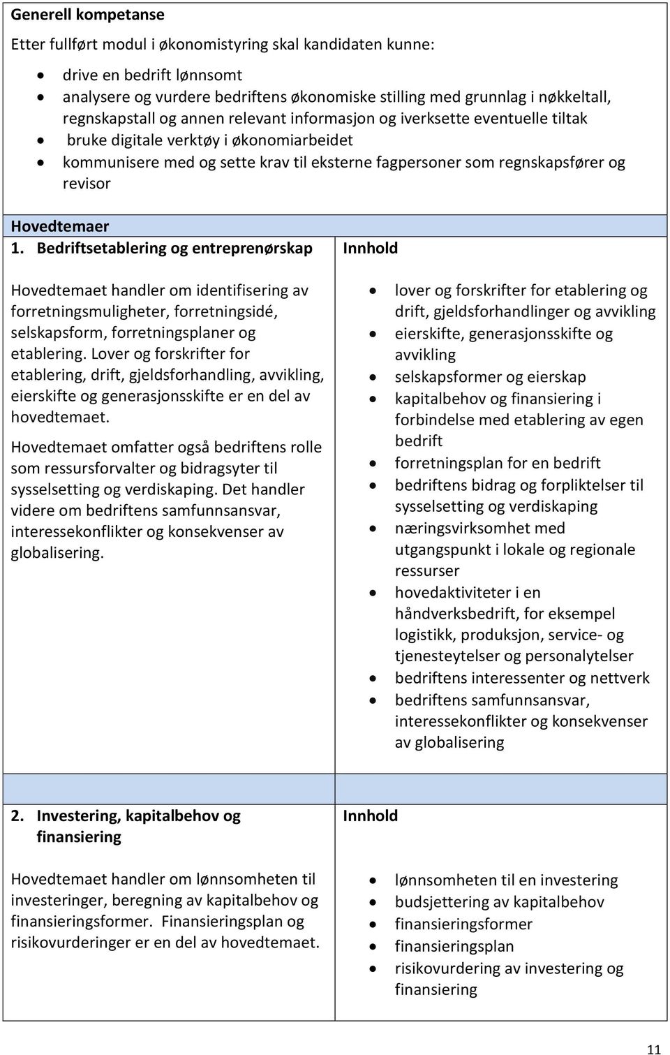 1. Bedriftsetablering og entreprenørskap Hovedtemaet handler om identifisering av forretningsmuligheter, forretningsidé, selskapsform, forretningsplaner og etablering.