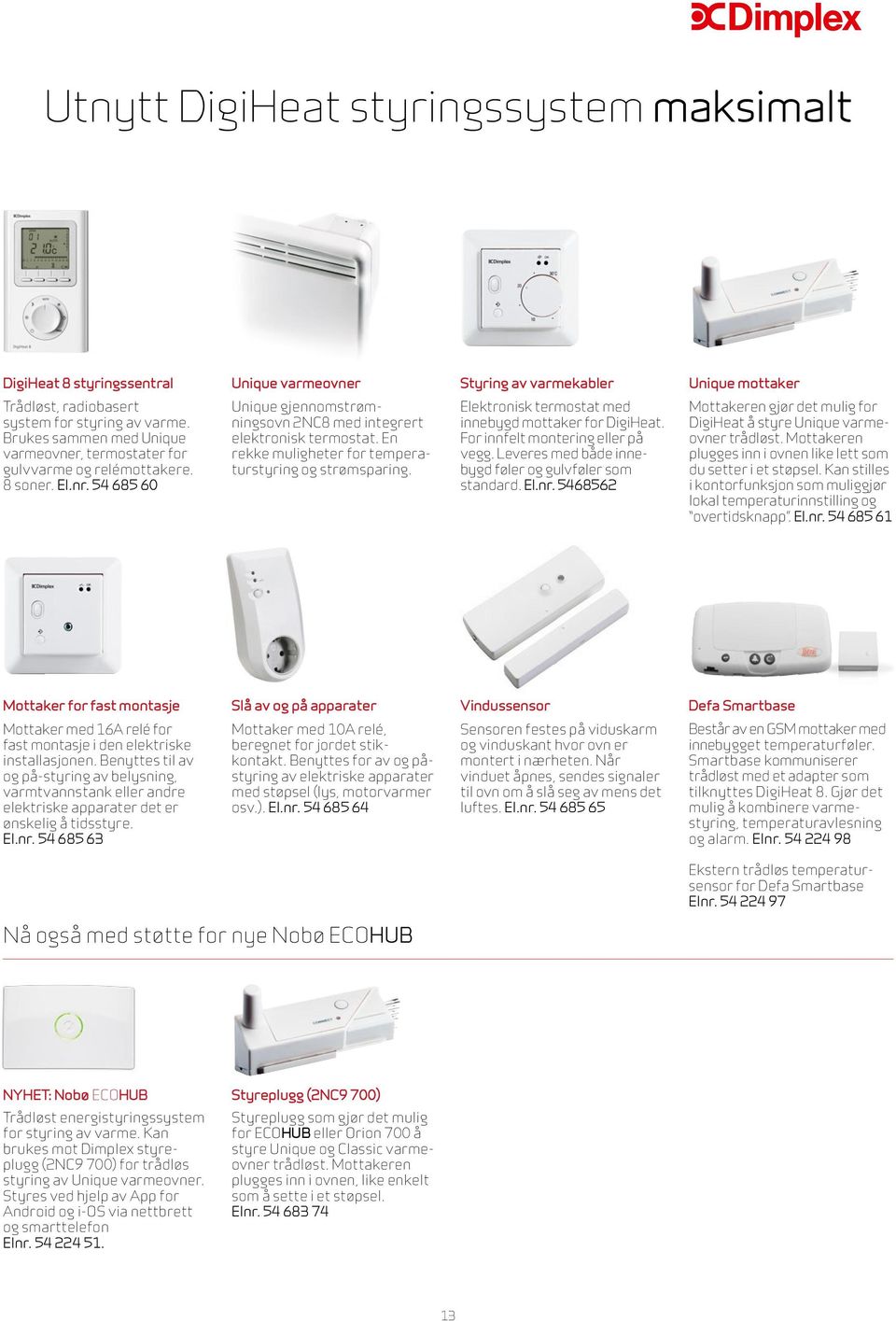 Styring av varmekabler Elektronisk termostat med inne bygd mottaker for DigiHeat. For innfelt montering eller på vegg. Leveres med både innebygd føler og gulvføler som standard. El.nr.