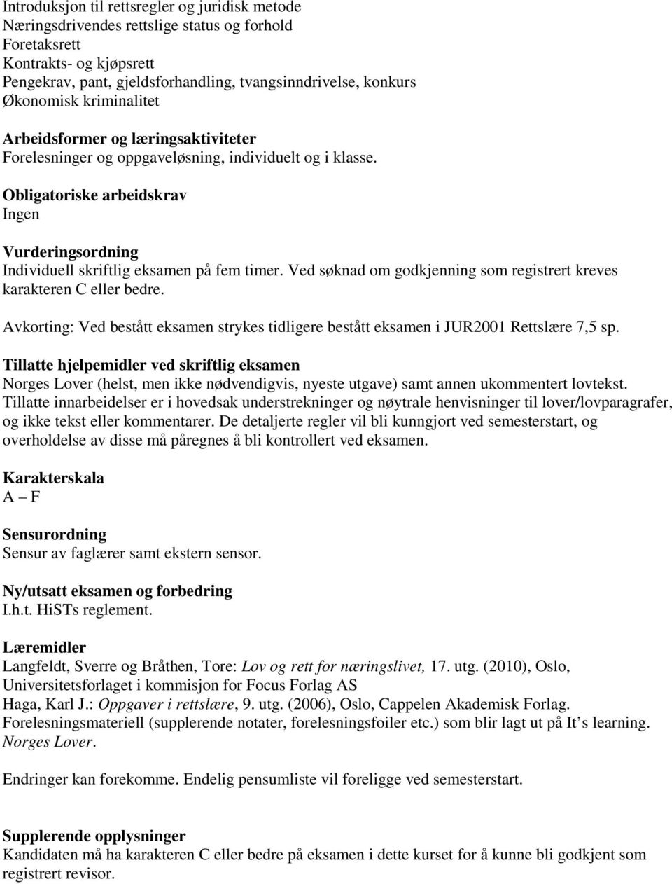 Obligatoriske arbeidskrav Ingen Vurderingsordning Individuell skriftlig eksamen på fem timer. Ved søknad om godkjenning som registrert kreves karakteren C eller bedre.