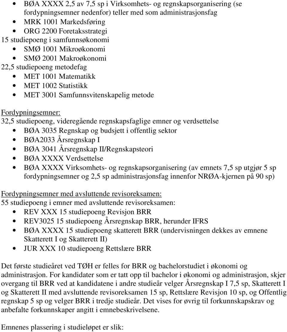 studiepoeng, videregående regnskapsfaglige emner og verdsettelse BØA 3035 Regnskap og budsjett i offentlig sektor BØA2033 Årsregnskap I BØA 3041 Årsregnskap II/Regnskapsteori BØA XXXX Verdsettelse