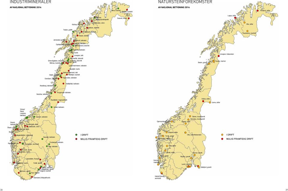 kalkstein Breivoll, kalkstein Evenes, kalkstein Hekkelstrand, dolomitt Kjøpsvik, kalkstein Drag, kvarts Linnajarvi, talk Linnajarvi, kleberstein Ertenvågdalen, dolomitt Mårnes, kvartsitt Hammerfall,