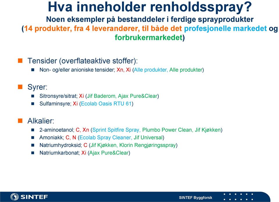 Tensider (overflateaktive stoffer): Non- og/eller anioniske tensider; Xn, Xi (Alle produkter, Alle produkter) Syrer: Sitronsyre/sitrat; Xi (Jif Baderom,