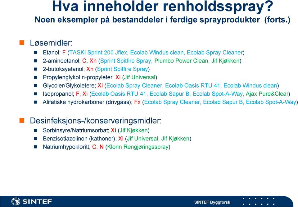 Spitfire Spray) Propylenglykol n-propyleter; Xi (Jif Universal) Glycoler/Glykoletere; Xi (Ecolab Spray Cleaner, Ecolab Oasis RTU 41, Ecolab Windus clean) Isopropanol; F, Xi (Ecolab Oasis RTU 41,