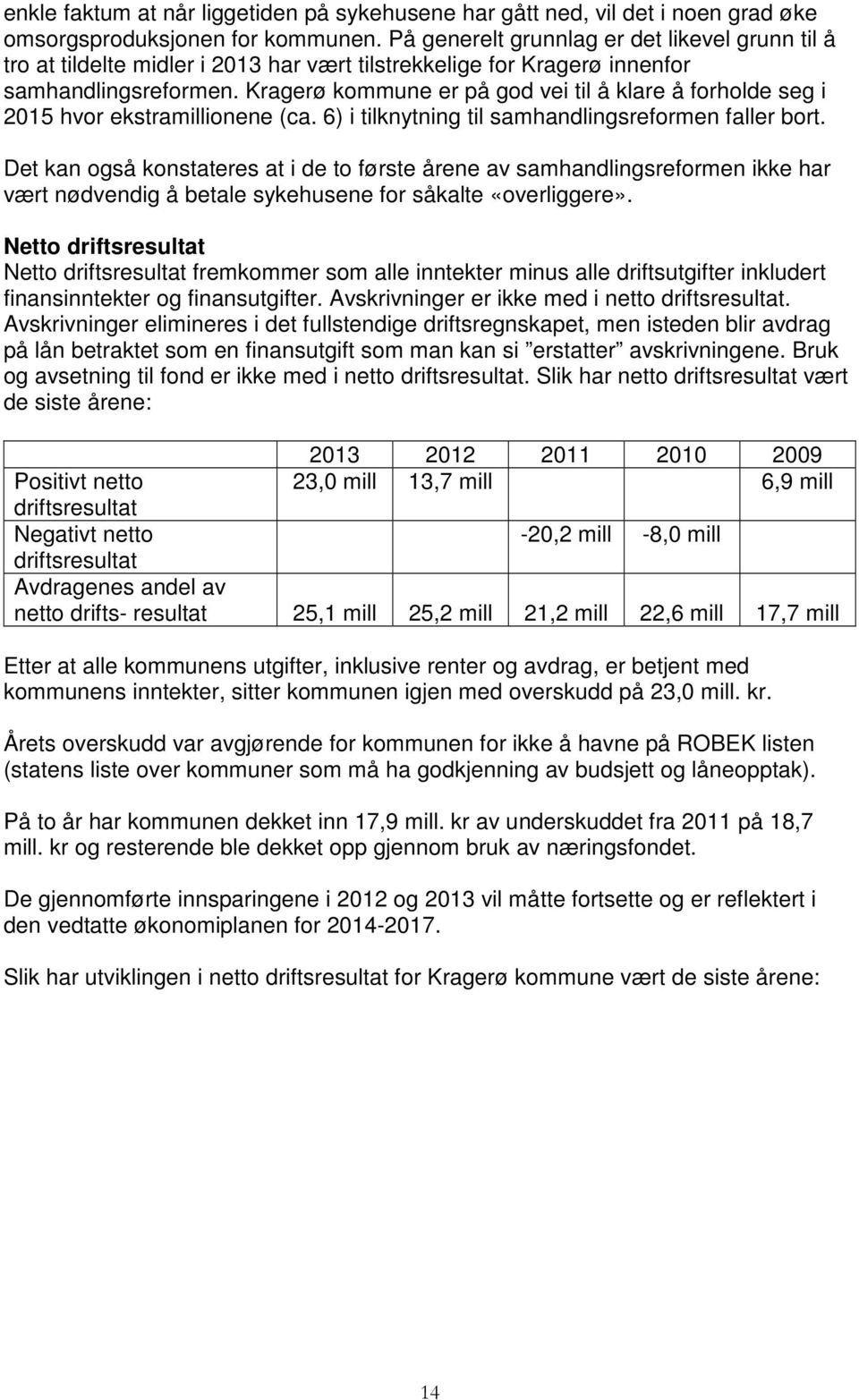 Kragerø kommune er på god vei til å klare å forholde seg i 2015 hvor ekstramillionene (ca. 6) i tilknytning til samhandlingsreformen faller bort.