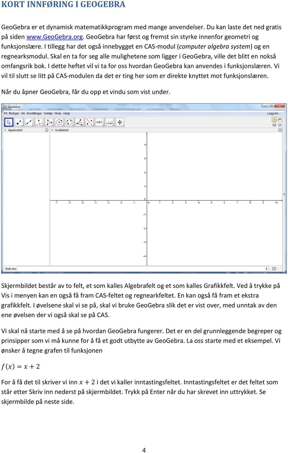 Skal en ta for seg alle mulighetene som ligger i GeoGebra, ville det blitt en nokså omfangsrik bok. I dette heftet vil vi ta for oss hvordan GeoGebra kan anvendes i funksjonslæren.