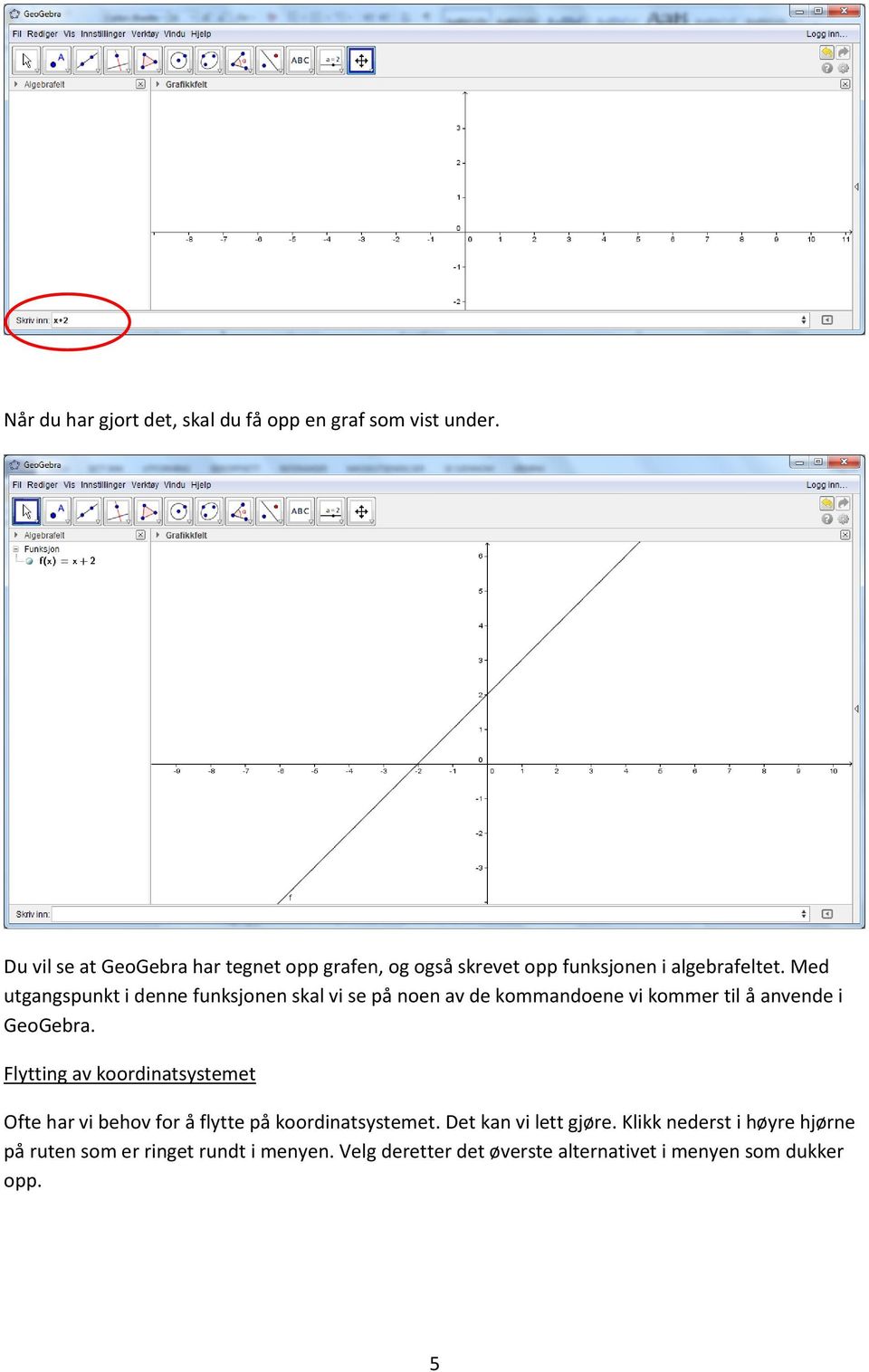 Med utgangspunkt i denne funksjonen skal vi se på noen av de kommandoene vi kommer til å anvende i GeoGebra.