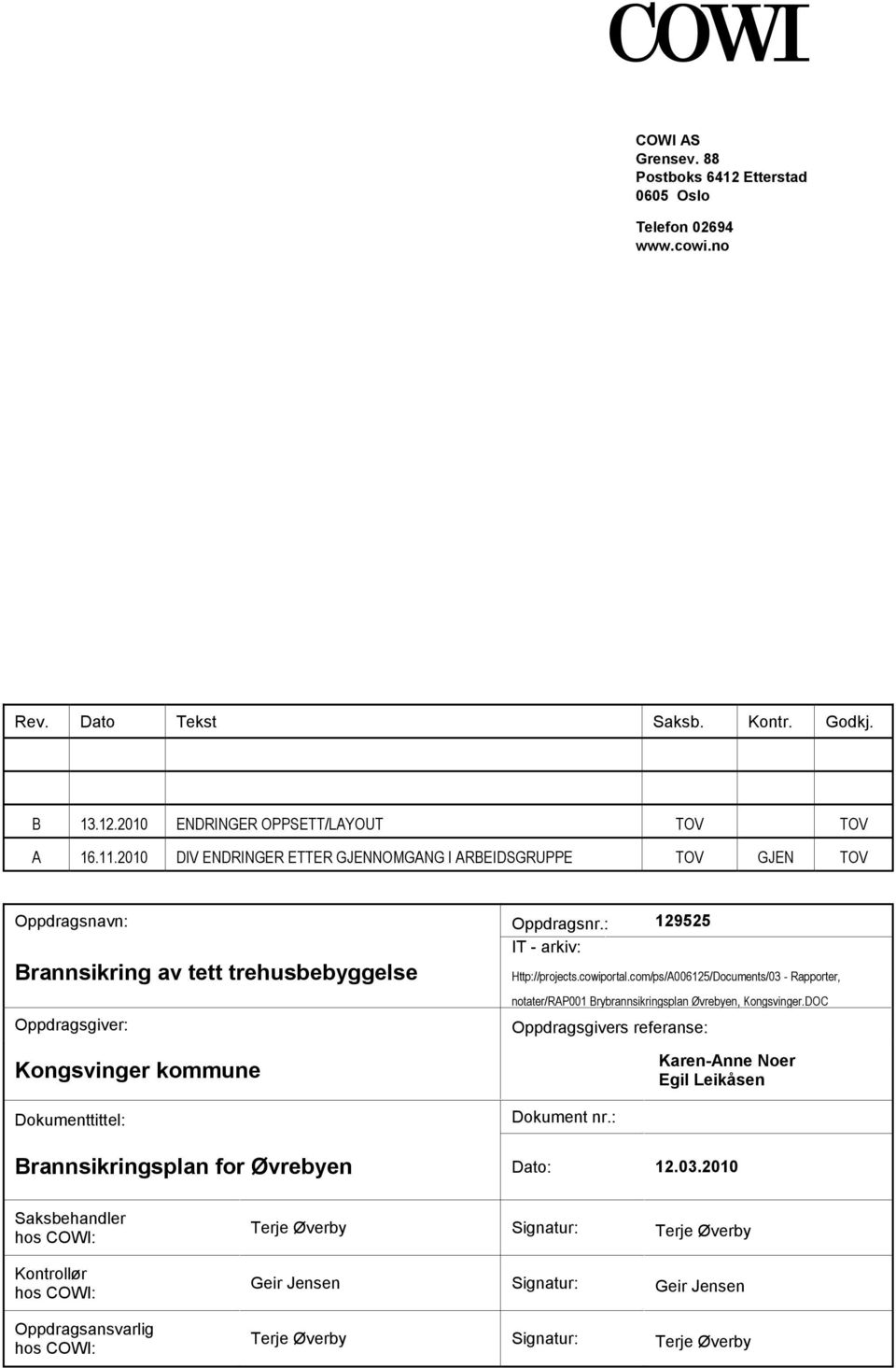 Rapporter, notater/rap001 Brybrannsikringsplan Øvrebyen, KongsvingerDOC Oppdragsgiver: Oppdragsgivers referanse: Kongsvinger kommune Karen-Anne Noer Egil Leikåsen Dokumenttittel: Dokument