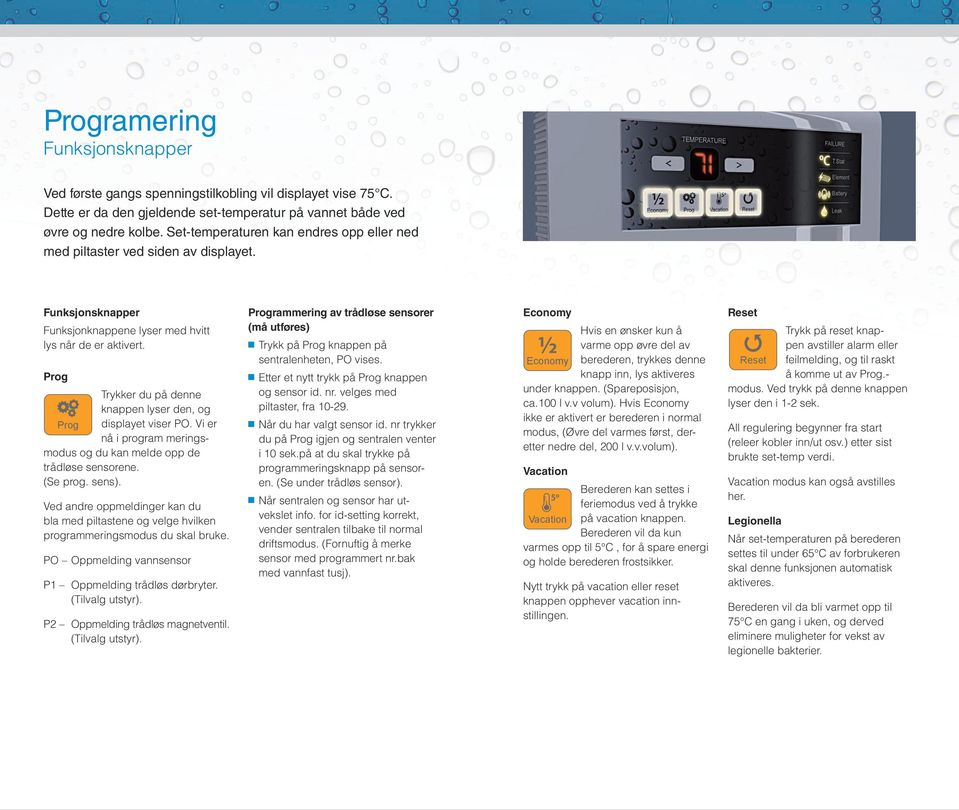 Prog Trykker du på denne knappen lyser den, og Prog displayet viser PO. Vi er nå i program meringsmodus og du kan melde opp de trådløse sensorene. (Se prog. sens).