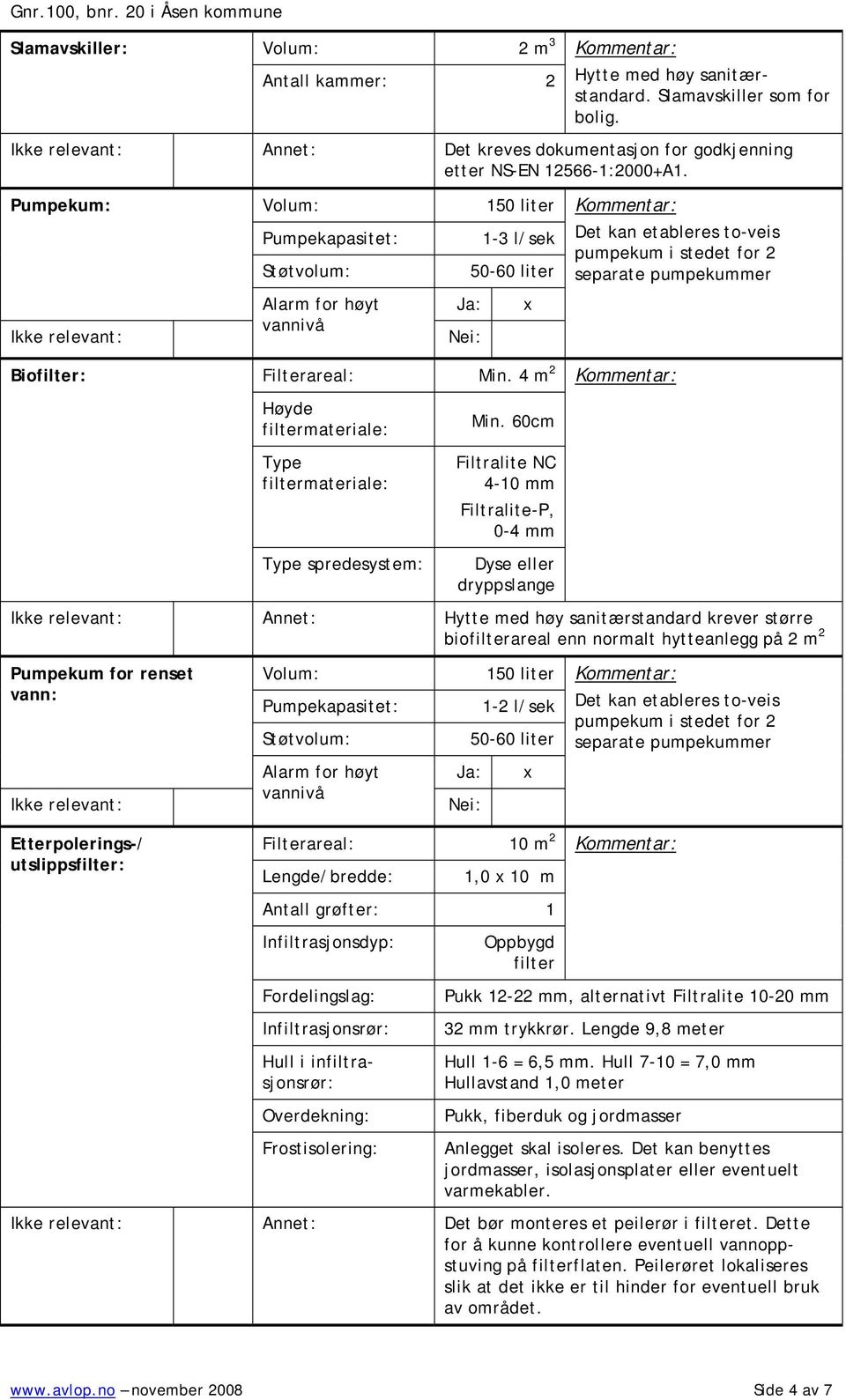 Pumpekum: Volum: 150 liter Kommentar: Pumpekapasitet: Støtvolum: 1-3 l/sek 50-60 liter Det kan etableres to-veis pumpekum i stedet for 2 separate pumpekummer Alarm for høyt vannivå Biofilter: