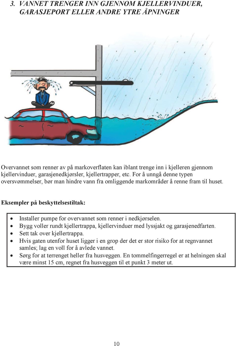 Eksempler på beskyttelsestiltak: Installer pumpe for overvannet som renner i nedkjørselen. Bygg voller rundt kjellertrappa, kjellervinduer med lyssjakt og garasjenedfarten.