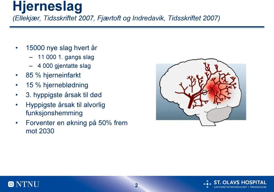 gangs slag 4 000 gjentatte slag 85 % hjerneinfarkt 15 % hjerneblødning 3.