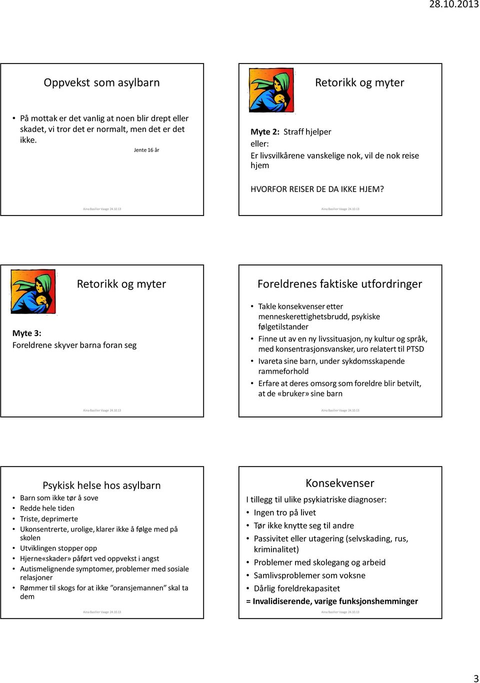 Myte 3: Foreldrene skyver barna foran seg Foreldrenes faktiske utfordringer Takle konsekvenser etter menneskerettighetsbrudd, psykiske følgetilstander Finne ut av en ny livssituasjon, ny kultur og