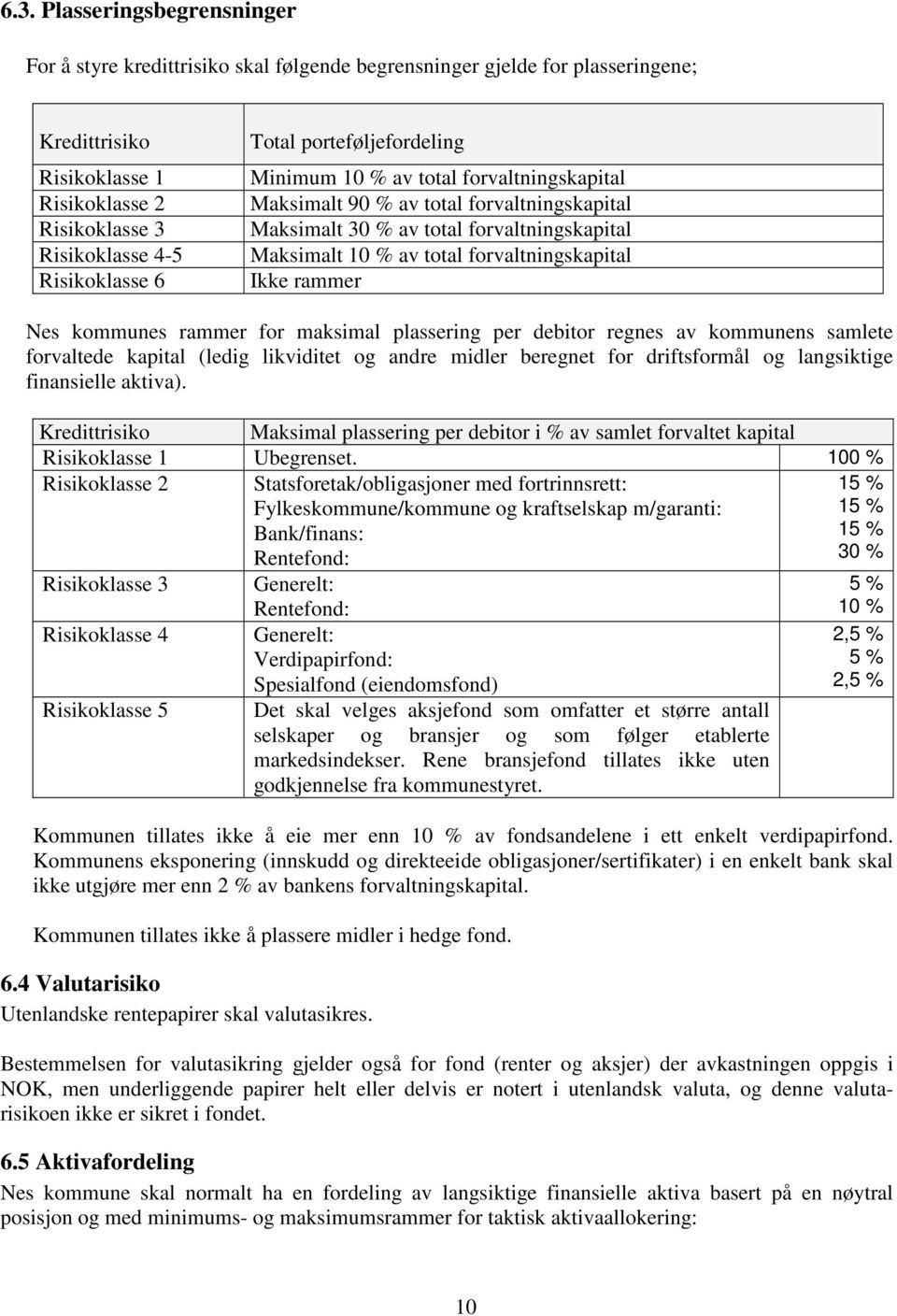 forvaltningskapital Ikke rammer Nes kommunes rammer for maksimal plassering per debitor regnes av kommunens samlete forvaltede kapital (ledig likviditet og andre midler beregnet for driftsformål og