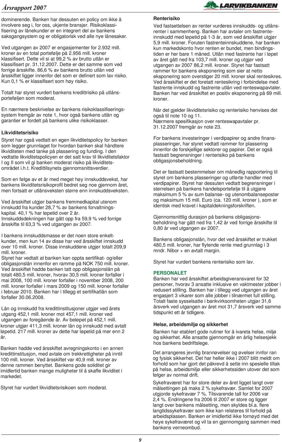kroner av en total portefølje på 2.956 mill. kroner klassifisert. Dette vil si at 99,2 % av brutto utlån er klassifisert pr. 31.12.2007. Dette er det samme som ved forrige årsskifte.