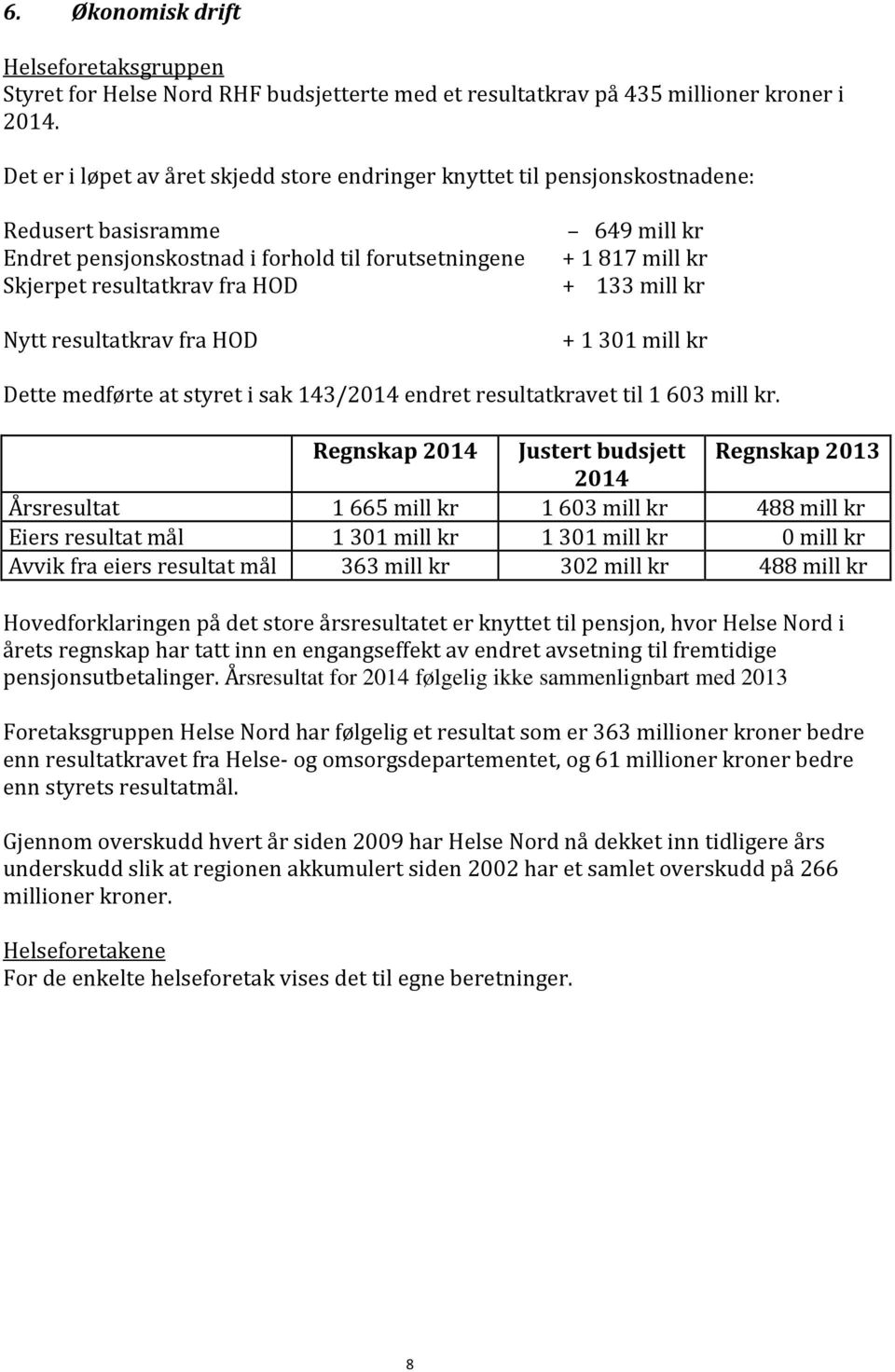 resultatkrav fra HOD + 133 mill kr Nytt resultatkrav fra HOD + 1 301 mill kr Dette medførte at styret i sak 143/2014 endret resultatkravet til 1 603 mill kr.