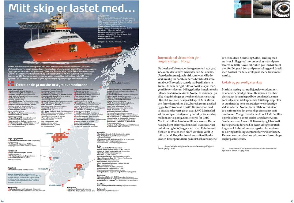 Besetning: 36 norske sjøfolk Finansiering: Eksportfinans ASA, garantert av DnB NOR Bank ASA og GIEK Kontraktsverdi: 77 mill. kr Oppdrag: Nordsjøen Lengde o.a.: 95 m / Bredde: 24 m Norske offshorerederier eier og driver den mest avanserte offshoreflåten i verden.