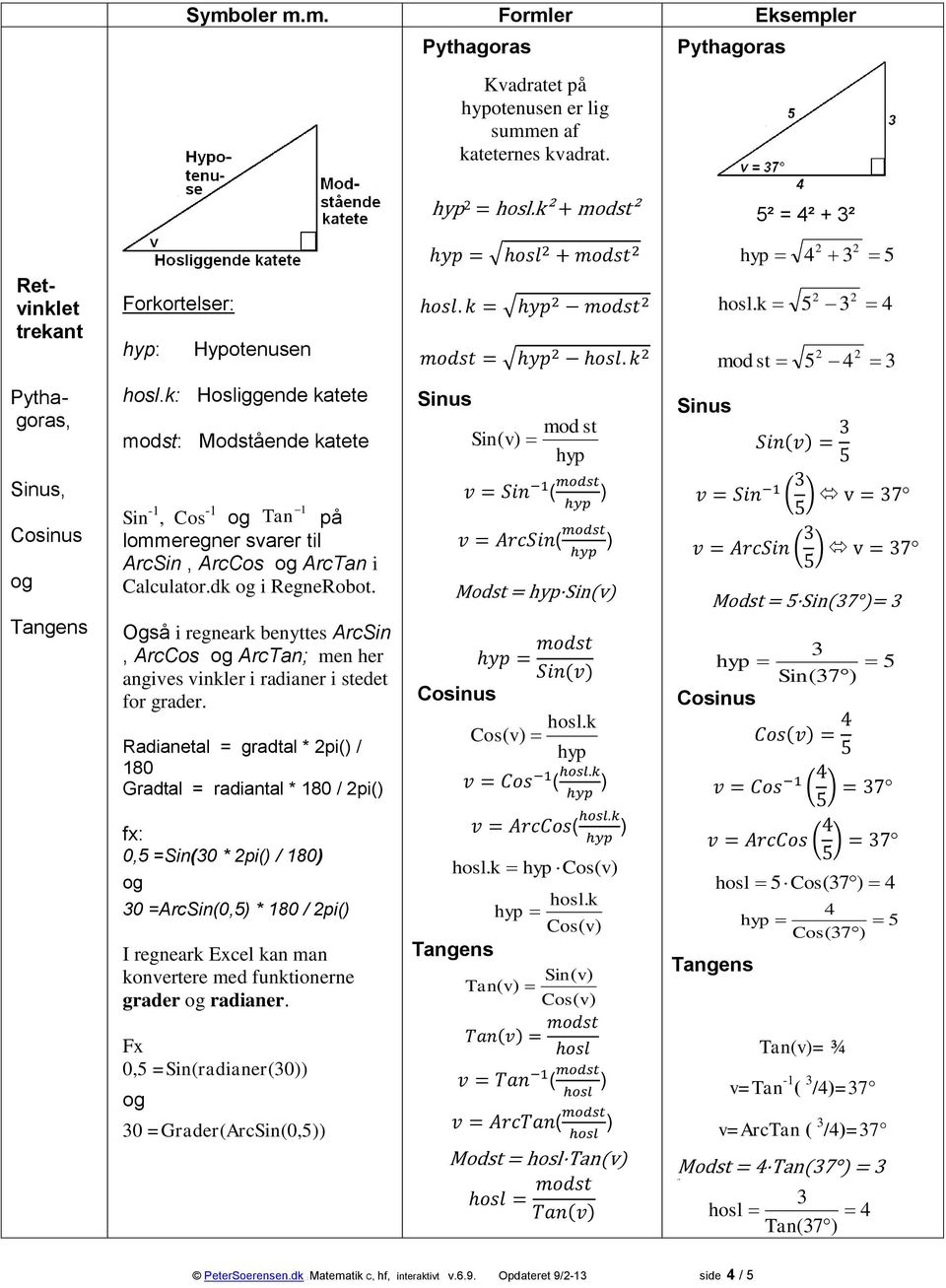 k: Hosliggende katete modst: Modstående katete Sinus Sin( mod st hyp Sinus Sinus, Sin -1, Cos -1 1 Tan på lommeregner svarer til ArcSin, ArcCos ArcTan i Calculator.dk i RegneRobot.