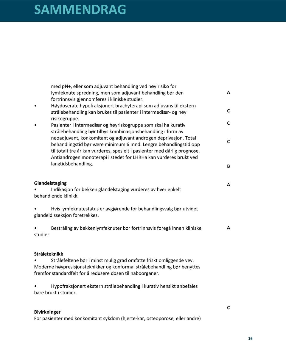 Pasienter i intermediær og høyriskogruppe som skal ha kurativ strålebehandling bør tilbys kombinasjonsbehandling i form av neoadjuvant, konkomitant og adjuvant androgen deprivasjon.