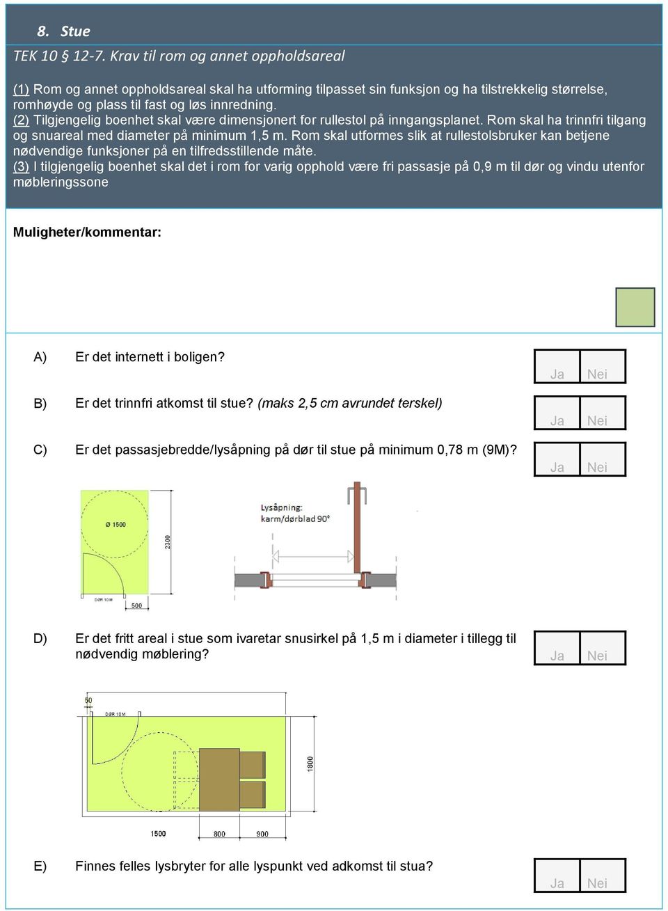 (2) Tilgjengelig boenhet skal være dimensjonert for rullestol på inngangsplanet. Rom skal ha trinnfri tilgang og snuareal med diameter på minimum 1,5 m.