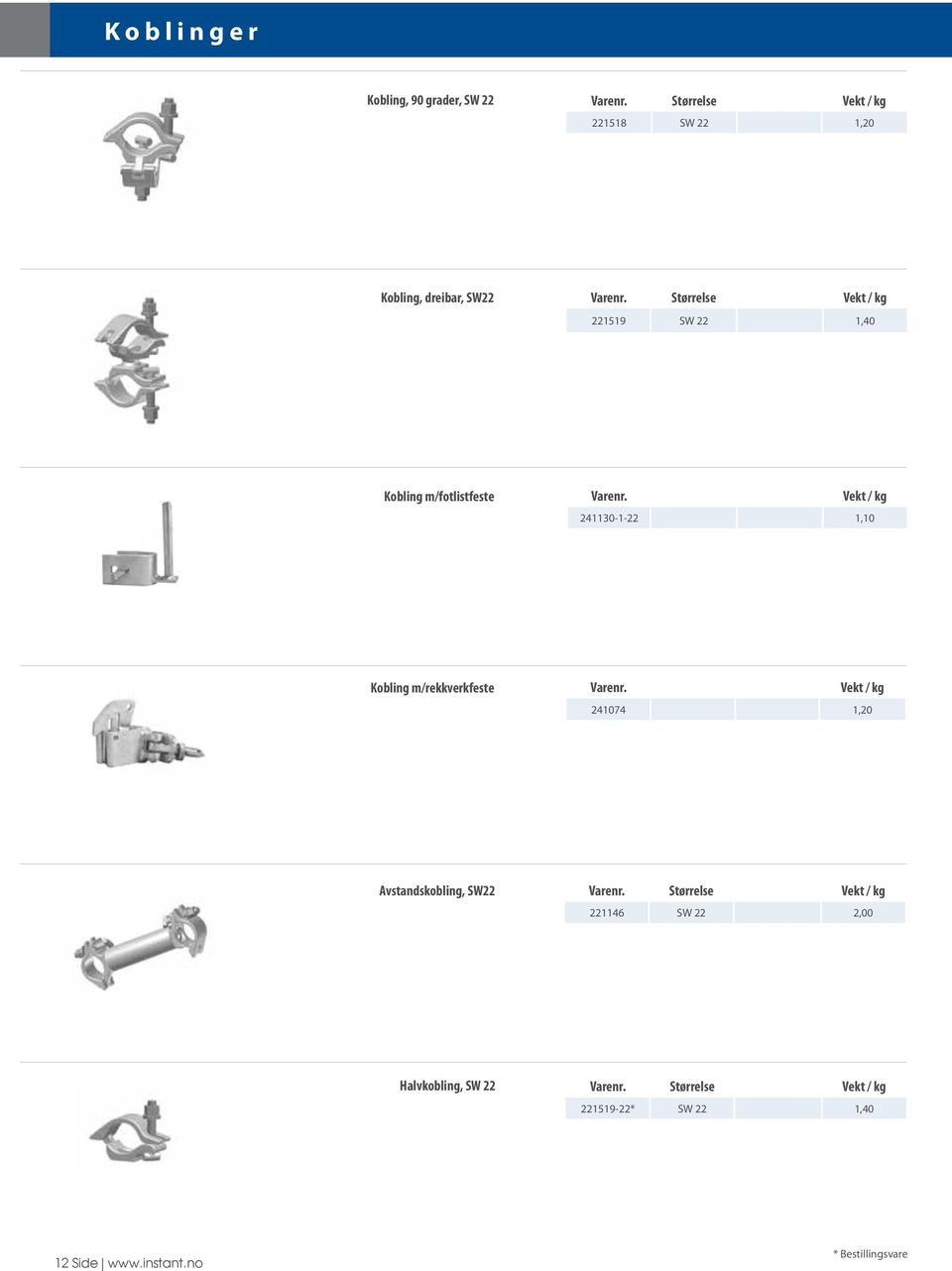 Størrelse Vekt / kg 221519 SW 22 1,40 Kobling m/fotlistfeste Varenr.