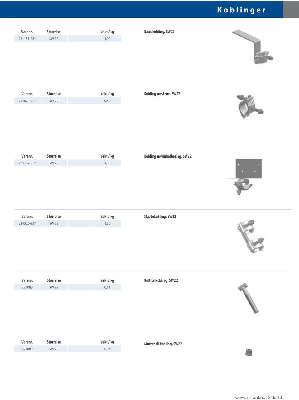 Størrelse Vekt / kg 221132-22* SW 22 1,80 Kobling m/vinkelbeslag, SW22 Varenr.