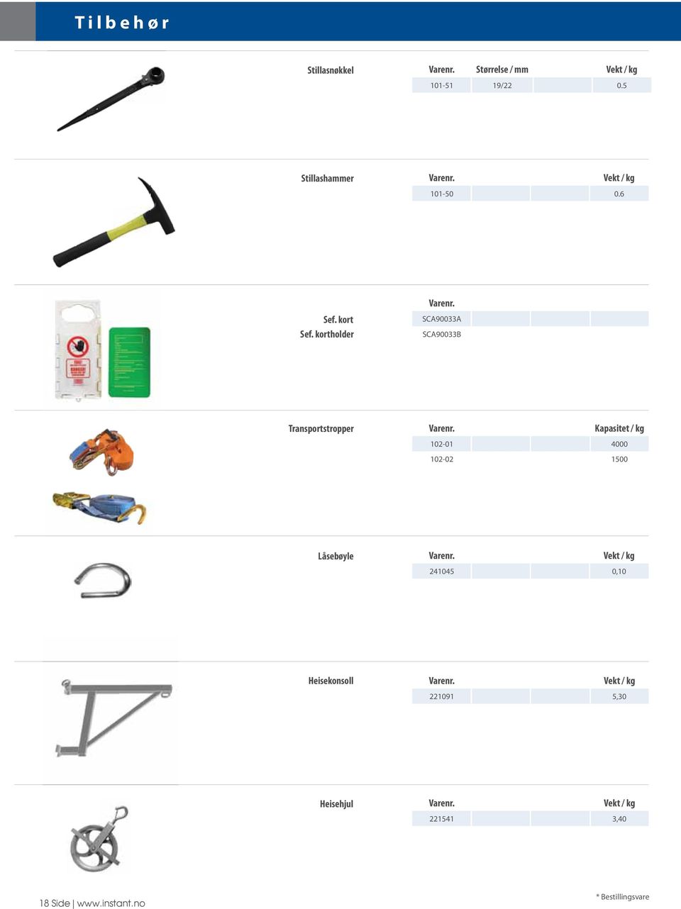 Kapasitet / kg 102-01 4000 102-02 1500 Låsebøyle Varenr. Vekt / kg 241045 0,10 Heisekonsoll Varenr.