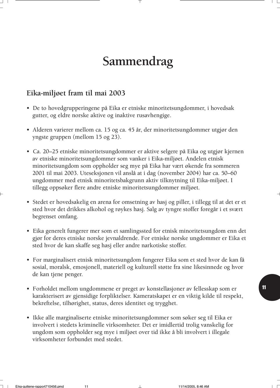 20 25 etniske minoritetsungdommer er aktive selgere på Eika og utgjør kjernen av etniske minoritetsungdommer som vanker i Eika-miljøet.