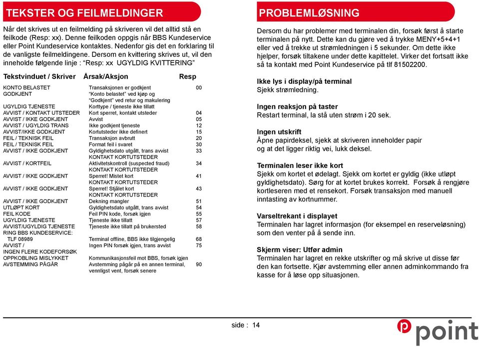 Dersom en kvittering skrives ut, vil den inneholde følgende linje : Resp: xx UGYLDIG KVITTERING Tekstvinduet / Skriver Årsak/Aksjon Resp KONTO BELASTET Transaksjonen er godkjent 00 GODKJENT Konto