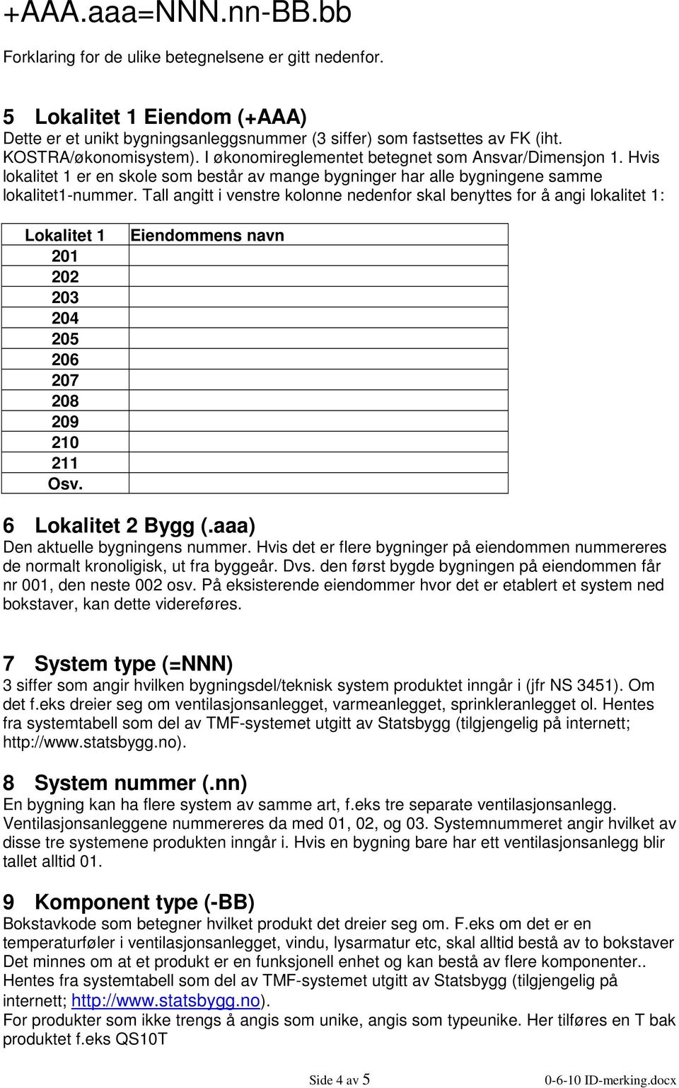 Tall angitt i venstre kolonne nedenfor skal benyttes for å angi lokalitet 1: Lokalitet 1 201 202 203 204 205 206 207 208 209 210 211 Osv. Eiendommens navn 6 Lokalitet 2 Bygg (.