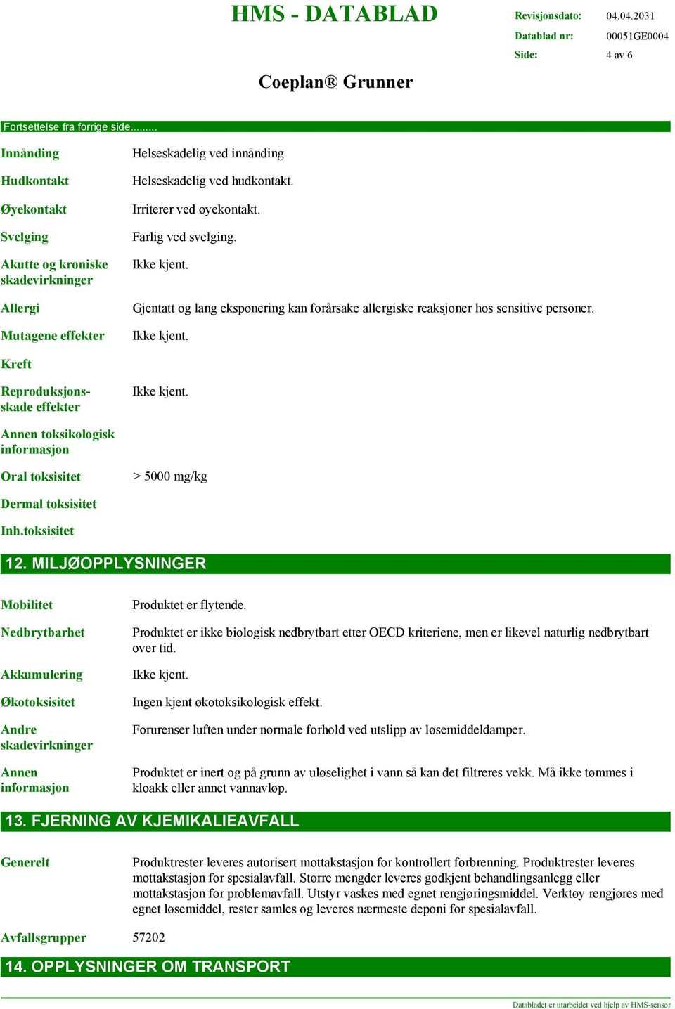 Kreft Reproduksjonsskade effekter Annen toksikologisk informasjon Oral toksisitet > 5000 mg/kg Dermal toksisitet Inh.toksisitet 12.