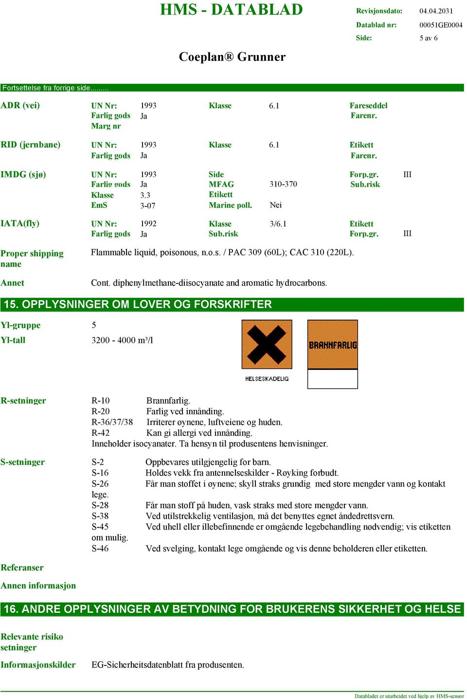 III Flammable liquid, poisonous, n.o.s. / PAC 309 (60L); CAC 310 (220L). Cont. diphenylmethane-diisocyanate and aromatic hydrocarbons. 15.