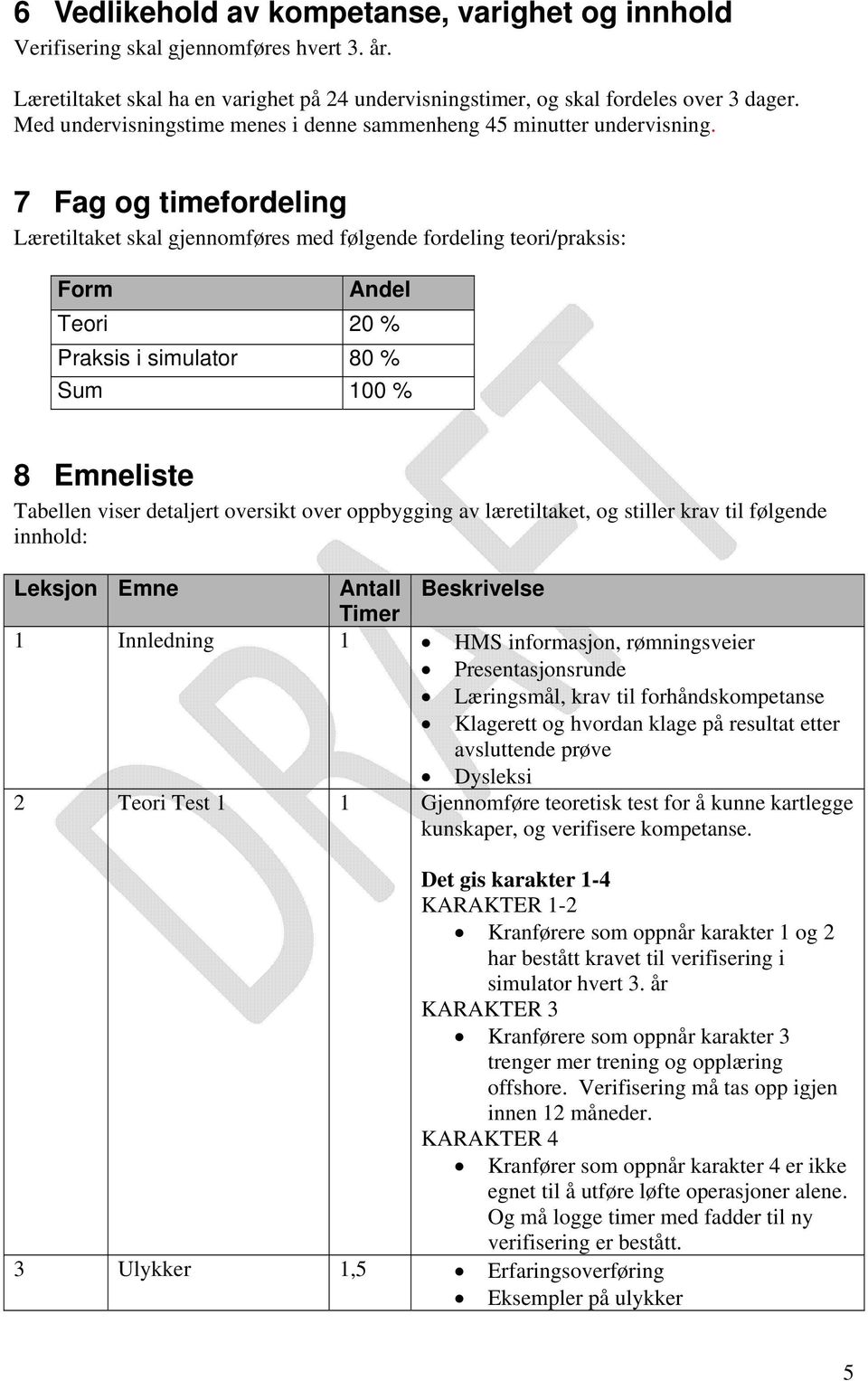 7 Fag og timefordeling Læretiltaket skal gjennomføres med følgende fordeling teori/praksis: Form Andel Teori 20 % Praksis i simulator 80 % Sum 100 % 8 Emneliste Tabellen viser detaljert oversikt over