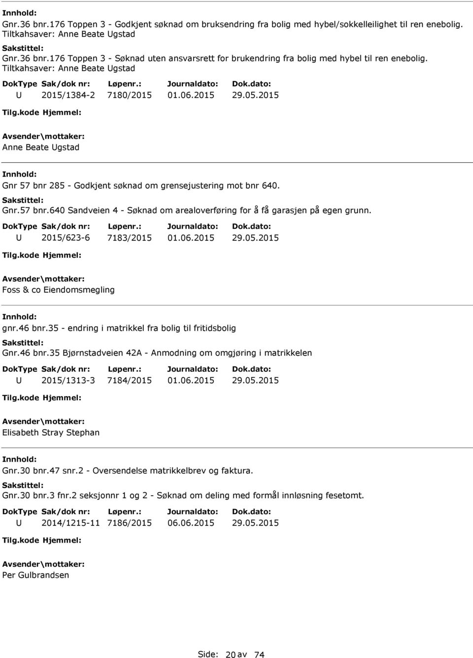 2015/623-6 7183/2015 29.05.2015 Foss & co Eiendomsmegling gnr.46 bnr.35 - endring i matrikkel fra bolig til fritidsbolig Gnr.46 bnr.35 Bjørnstadveien 42A - Anmodning om omgjøring i matrikkelen 2015/1313-3 7184/2015 29.