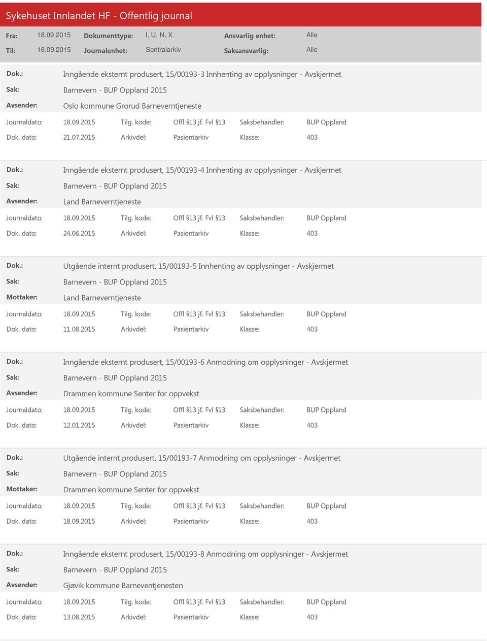 2015 Arkivdel: Pasientarkiv Utgående internt produsert, 15/00193-5 Innhenting av opplysninger - Land Barneverntjeneste Dok. dato: 11.08.