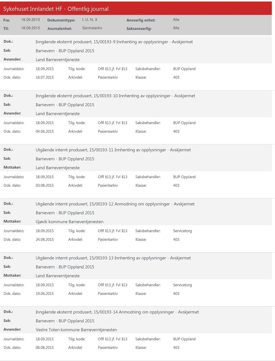 2015 Arkivdel: Pasientarkiv Utgående internt produsert, 15/00193-11 Innhenting av opplysninger - Land Barneverntjeneste Dok. dato: 03.08.