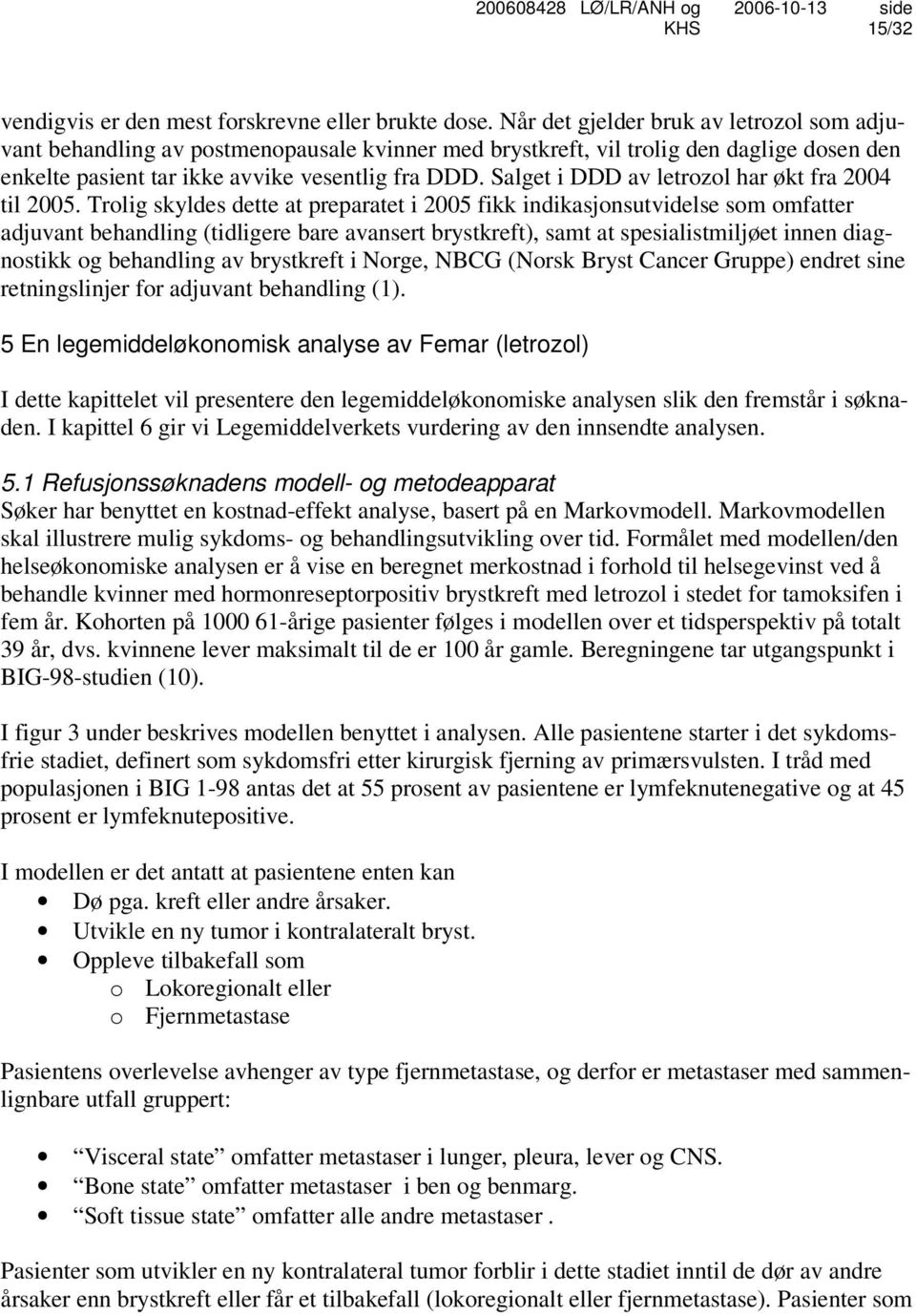 Salget i DDD av letrozol har økt fra 2004 til 2005.