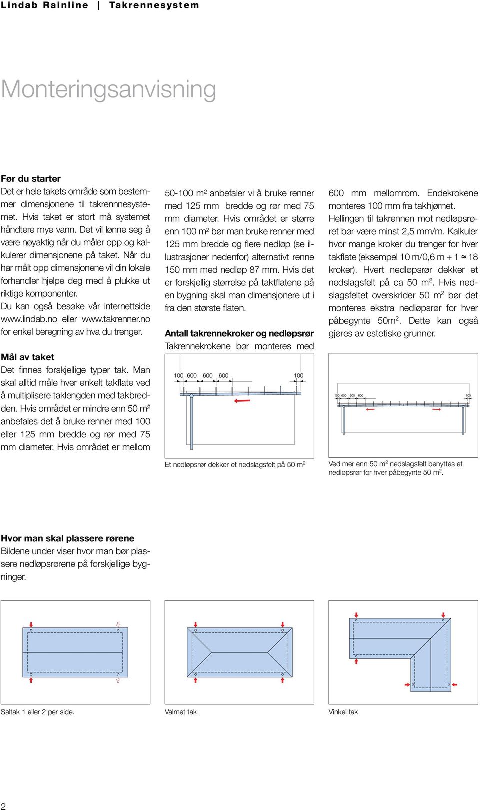 Du kan også besøke vår internettside www.lindab.no eller www.takrenner.no for enkel beregning av hva du trenger. Mål av taket Det finnes forskjellige typer tak.