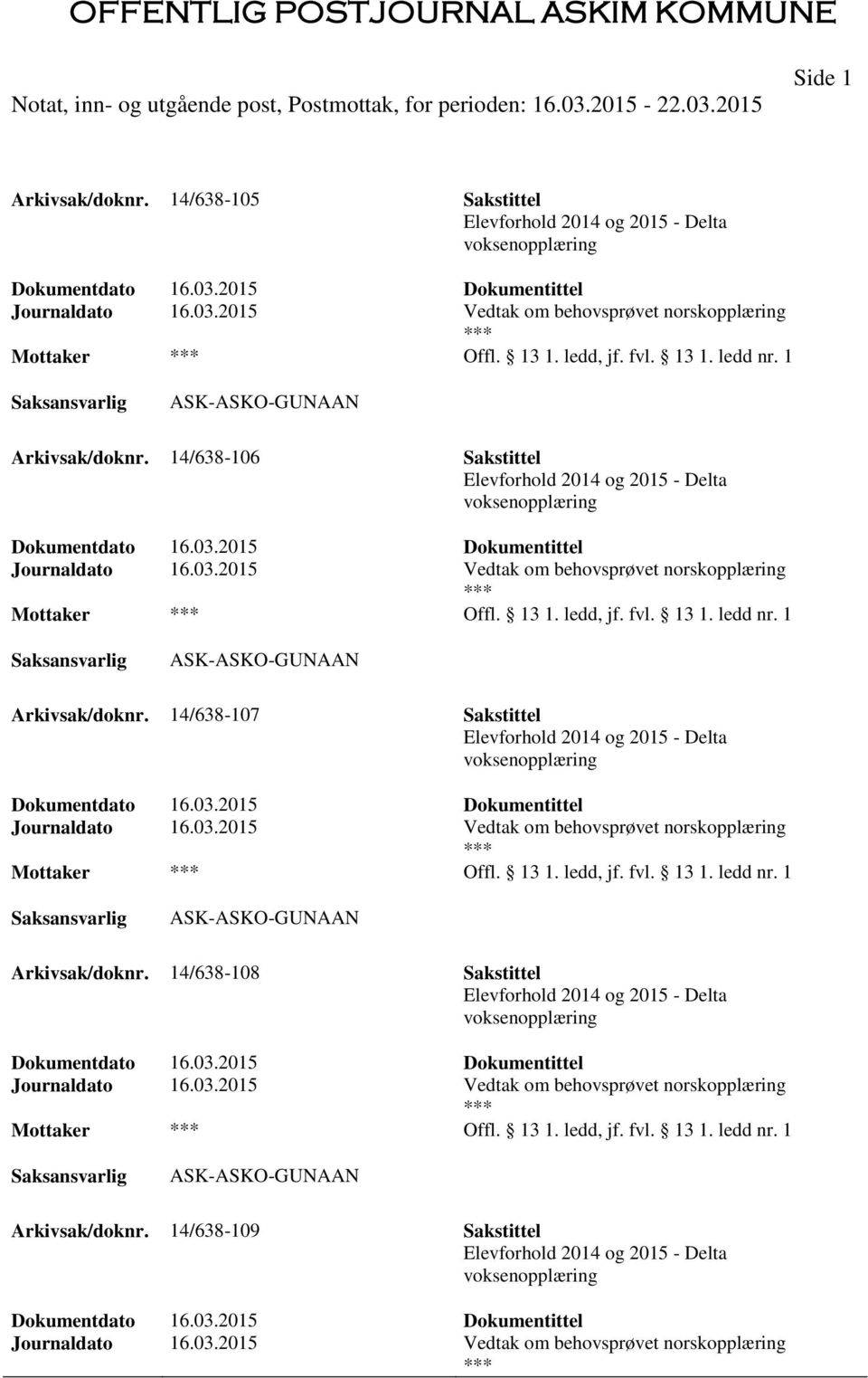 1 ASK-ASKO-GUNAAN Arkivsak/doknr. 14/638-107 Sakstittel Elevforhold 2014 og 2015 - Delta voksenopplæring Journaldato 16.03.2015 Vedtak om behovsprøvet norskopplæring Offl. 13 1. ledd, jf. fvl. 13 1. ledd nr.