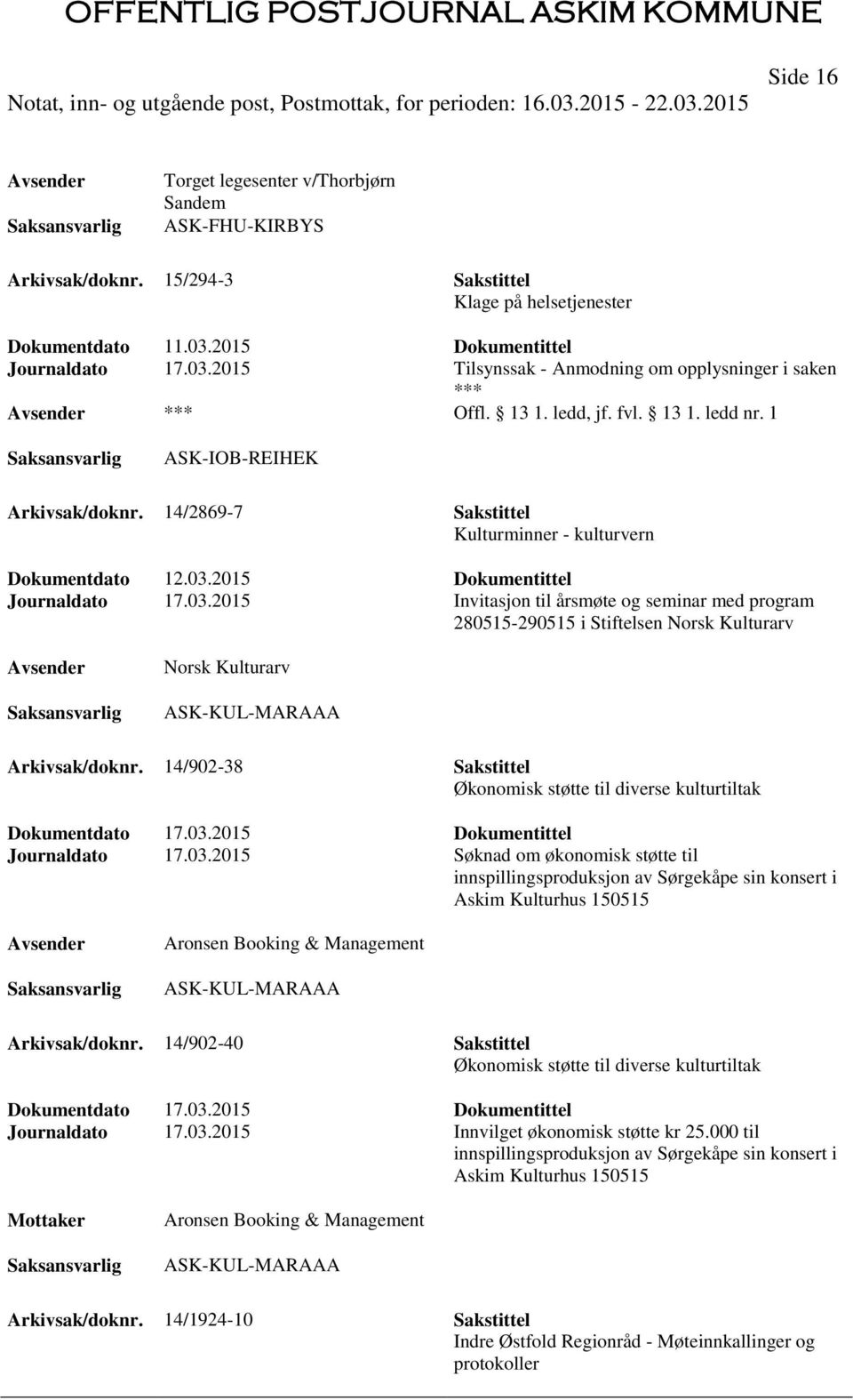 2015 Dokumentittel Journaldato 17.03.2015 Invitasjon til årsmøte og seminar med program 280515-290515 i Stiftelsen Norsk Kulturarv Norsk Kulturarv ASK-KUL-MARAAA Arkivsak/doknr.